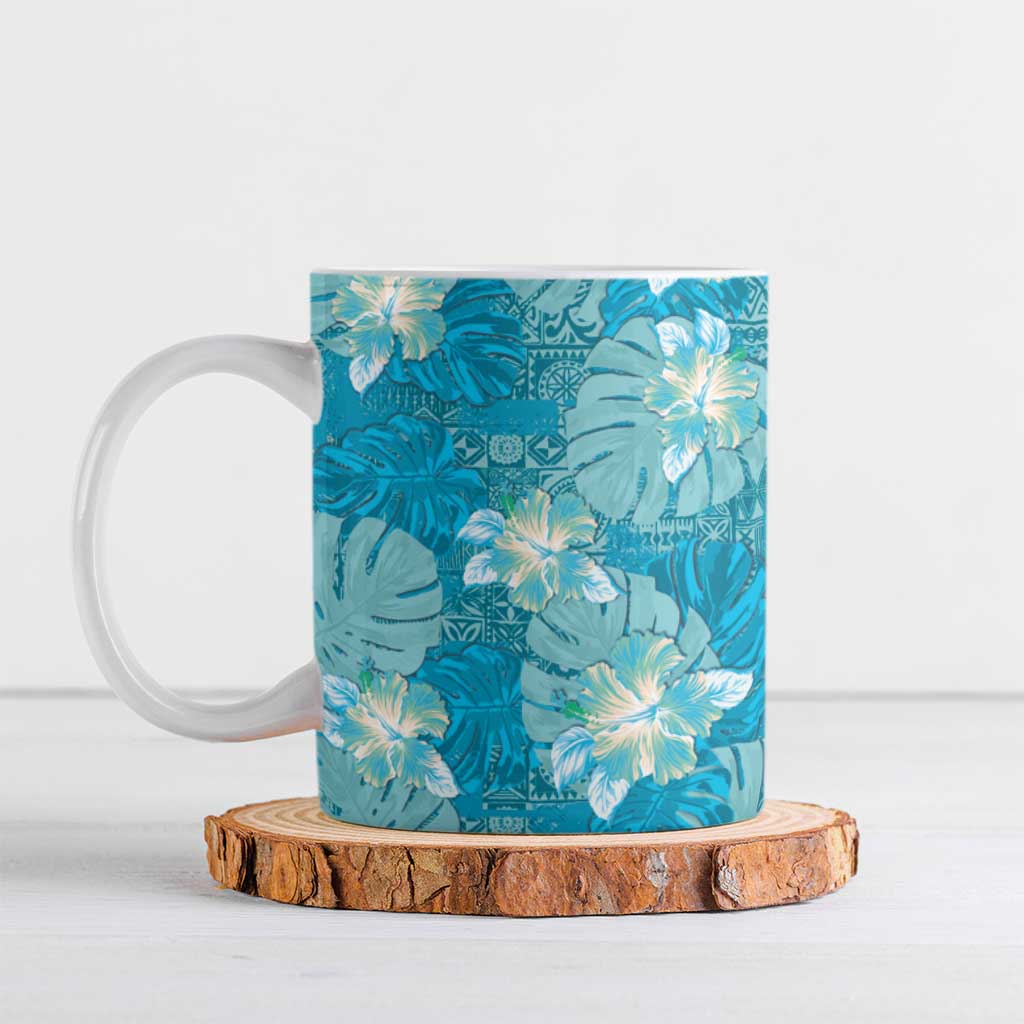 Hawaii Ceramic Mug Teal Polynesian Monstera Patterns - Polynesian Pride