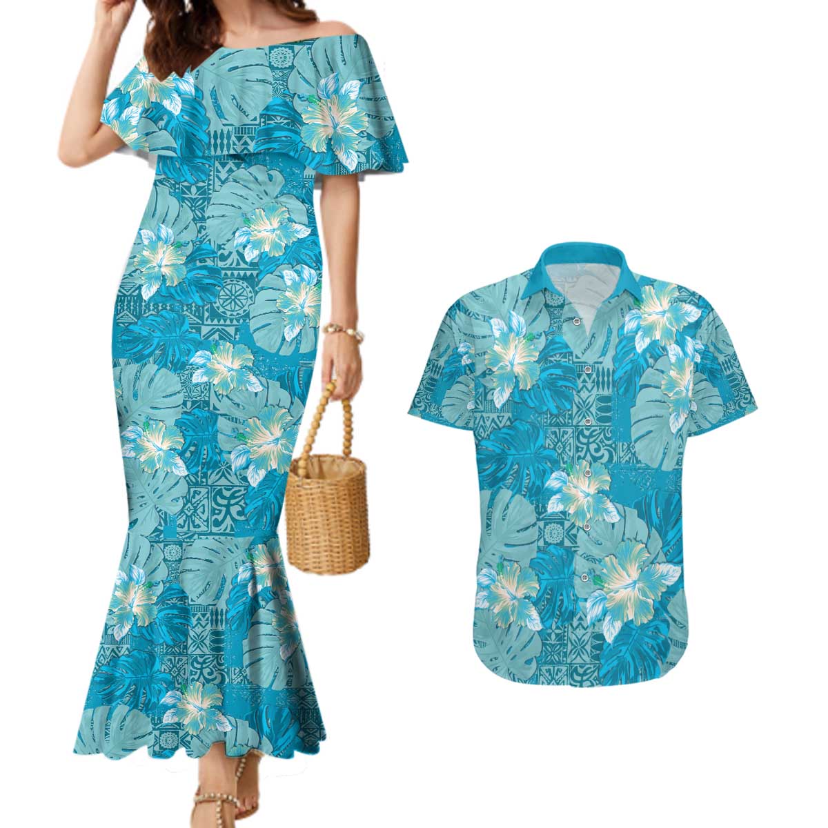 Hawaii Couples Matching Mermaid Dress and Hawaiian Shirt Teal Polynesian Monstera Patterns - Polynesian Pride