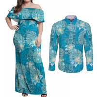 Hawaii Couples Matching Off Shoulder Maxi Dress and Long Sleeve Button Shirt Teal Polynesian Monstera Patterns - Polynesian Pride