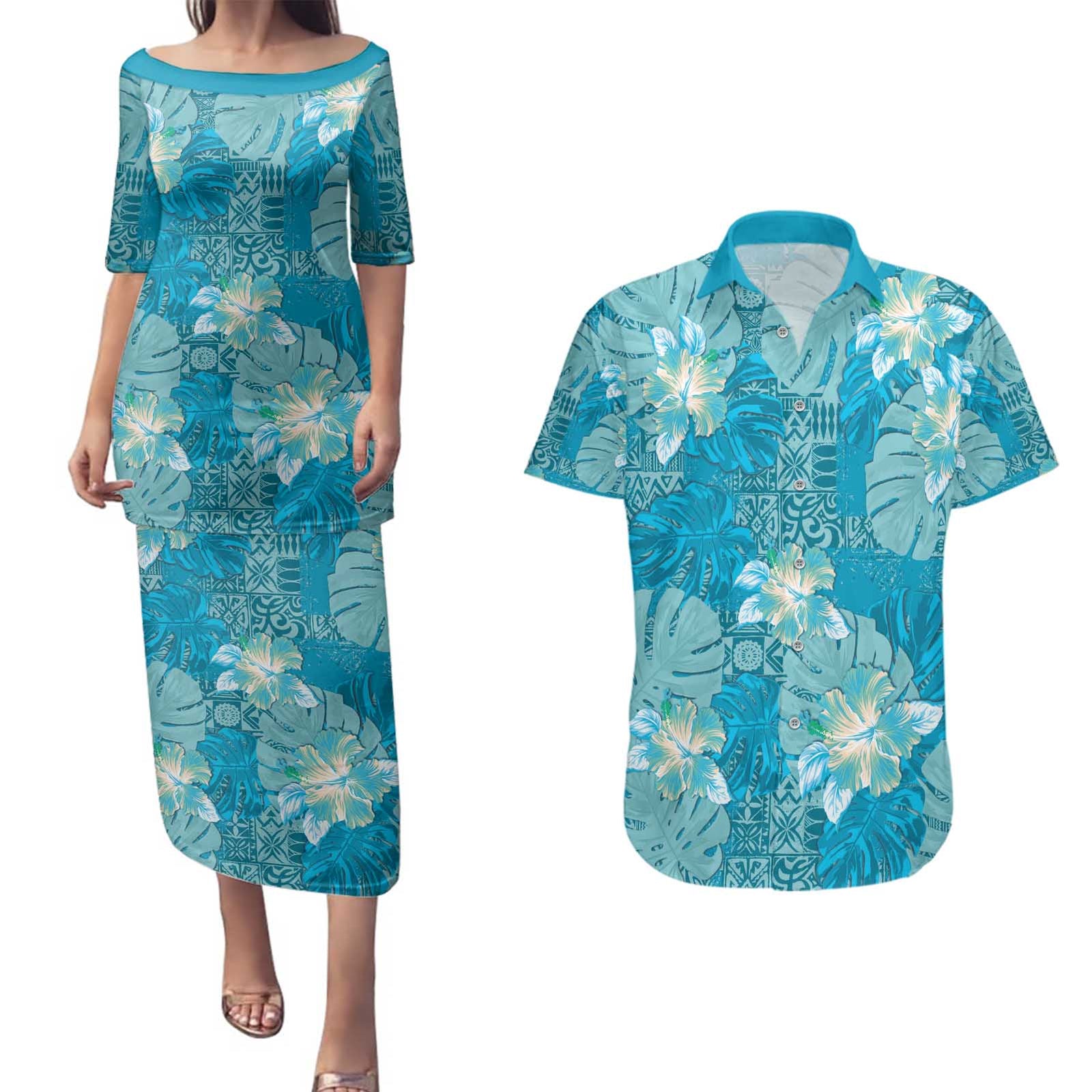 Hawaii Couples Matching Puletasi and Hawaiian Shirt Teal Polynesian Monstera Patterns DT05 Teal - Polynesian Pride