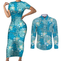 Hawaii Couples Matching Short Sleeve Bodycon Dress and Long Sleeve Button Shirt Teal Polynesian Monstera Patterns - Polynesian Pride