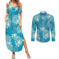 Hawaii Couples Matching Summer Maxi Dress and Long Sleeve Button Shirt Teal Polynesian Monstera Patterns - Polynesian Pride