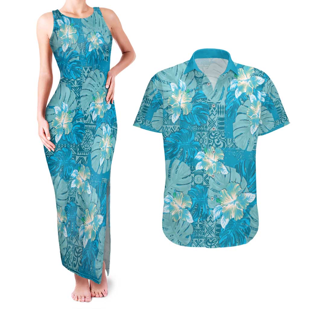 Hawaii Couples Matching Tank Maxi Dress and Hawaiian Shirt Teal Polynesian Monstera Patterns - Polynesian Pride