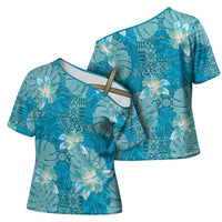 Hawaii Cross Shoulder Shirt Teal Polynesian Monstera Patterns - Polynesian Pride