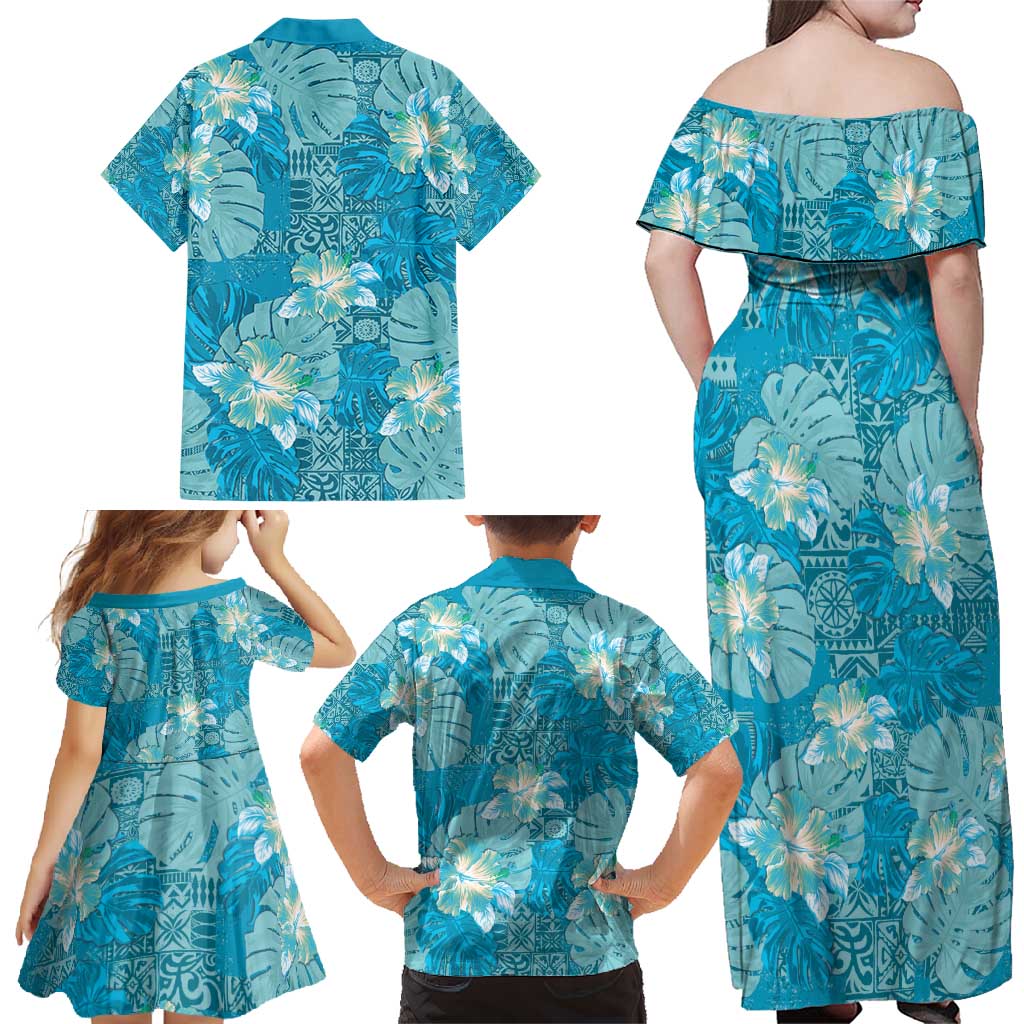 Hawaii Family Matching Off Shoulder Maxi Dress and Hawaiian Shirt Teal Polynesian Monstera Patterns - Polynesian Pride