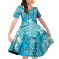 Hawaii Family Matching Off Shoulder Short Dress and Hawaiian Shirt Teal Polynesian Monstera Patterns - Polynesian Pride