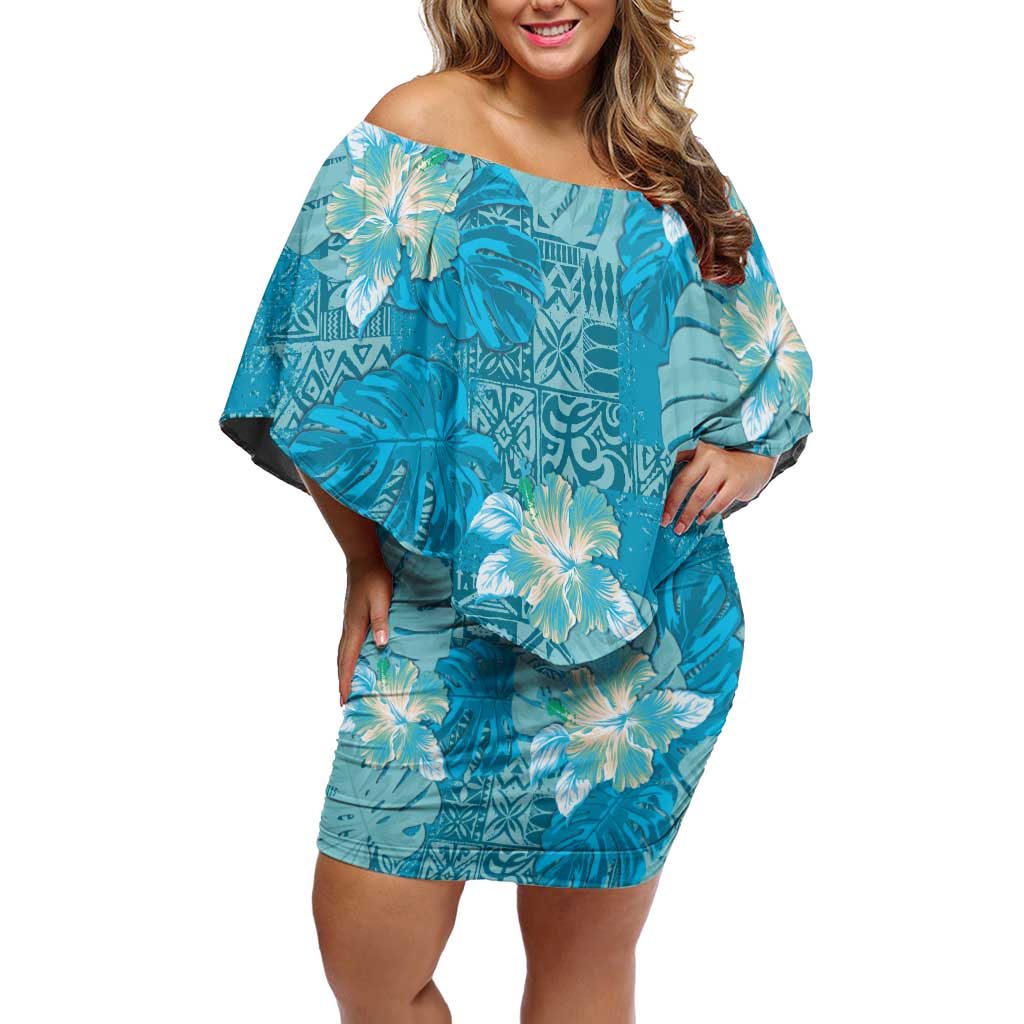 Hawaii Family Matching Off Shoulder Short Dress and Hawaiian Shirt Teal Polynesian Monstera Patterns - Polynesian Pride