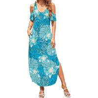 Hawaii Family Matching Summer Maxi Dress and Hawaiian Shirt Teal Polynesian Monstera Patterns - Polynesian Pride