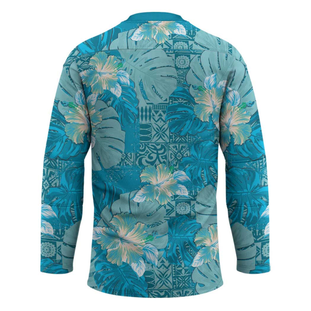 Hawaii Hockey Jersey Teal Polynesian Monstera Patterns - Polynesian Pride