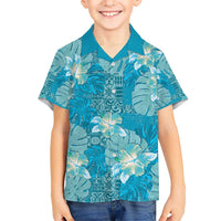 Hawaii Kid Hawaiian Shirt Teal Polynesian Monstera Patterns - Polynesian Pride