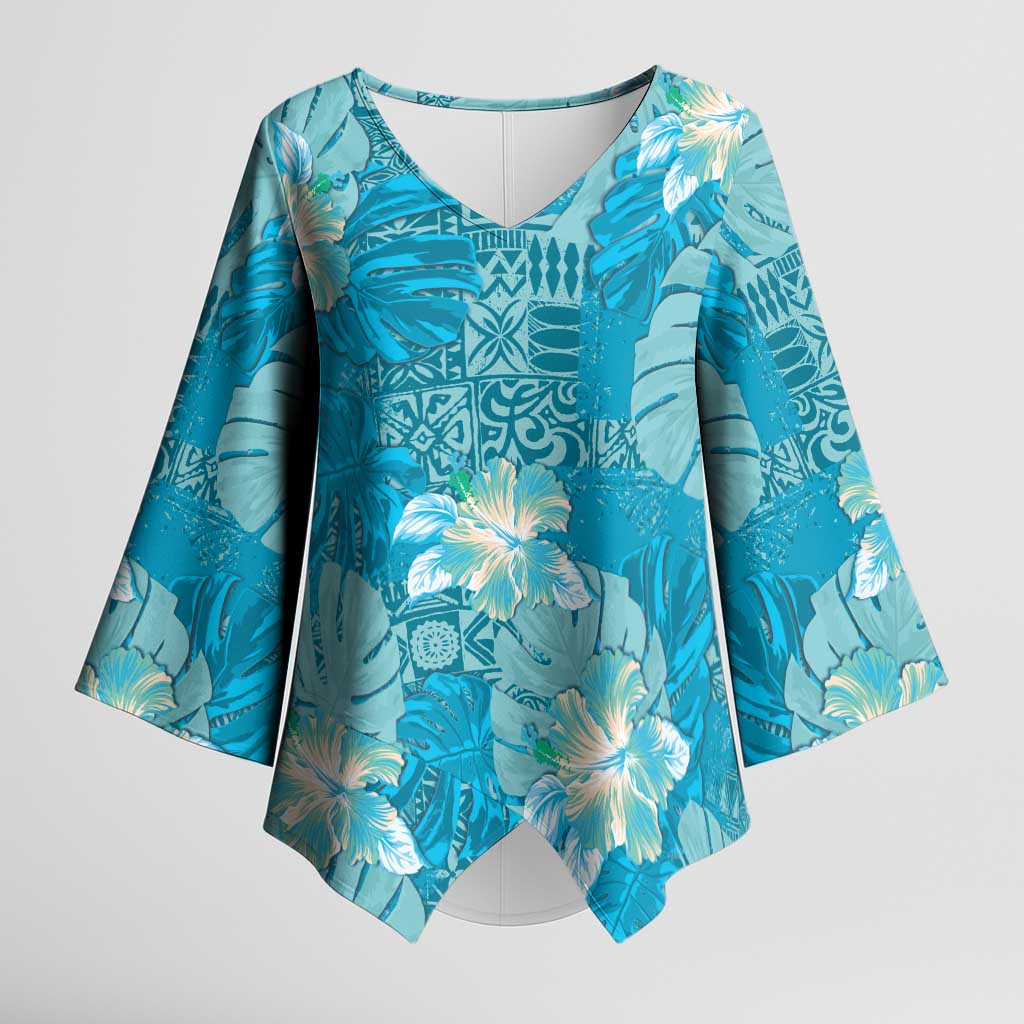 Hawaii Kimono Sleeve Blouse Teal Polynesian Monstera Patterns - Polynesian Pride