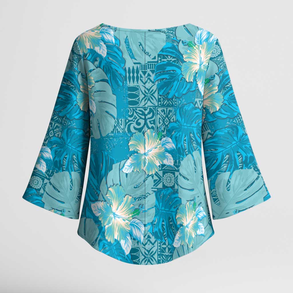 Hawaii Kimono Sleeve Blouse Teal Polynesian Monstera Patterns - Polynesian Pride