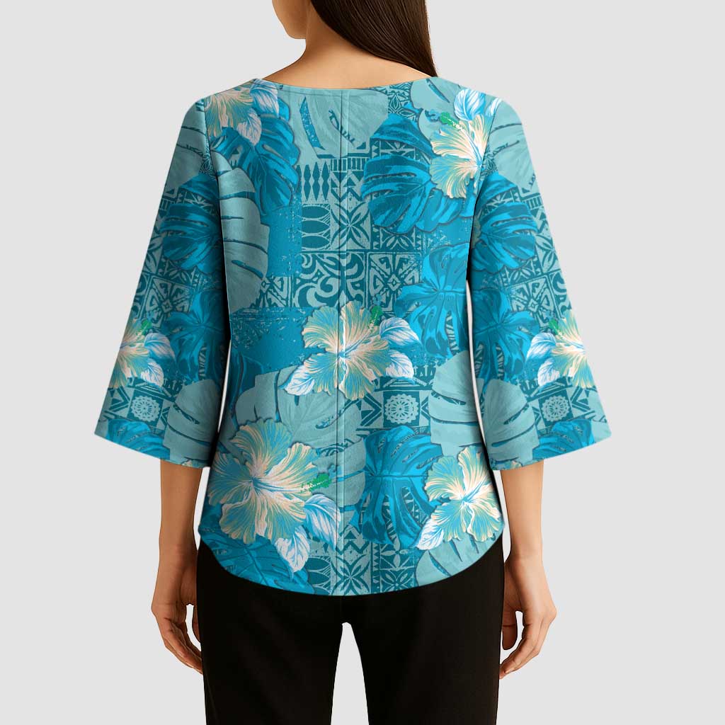 Hawaii Kimono Sleeve Blouse Teal Polynesian Monstera Patterns - Polynesian Pride