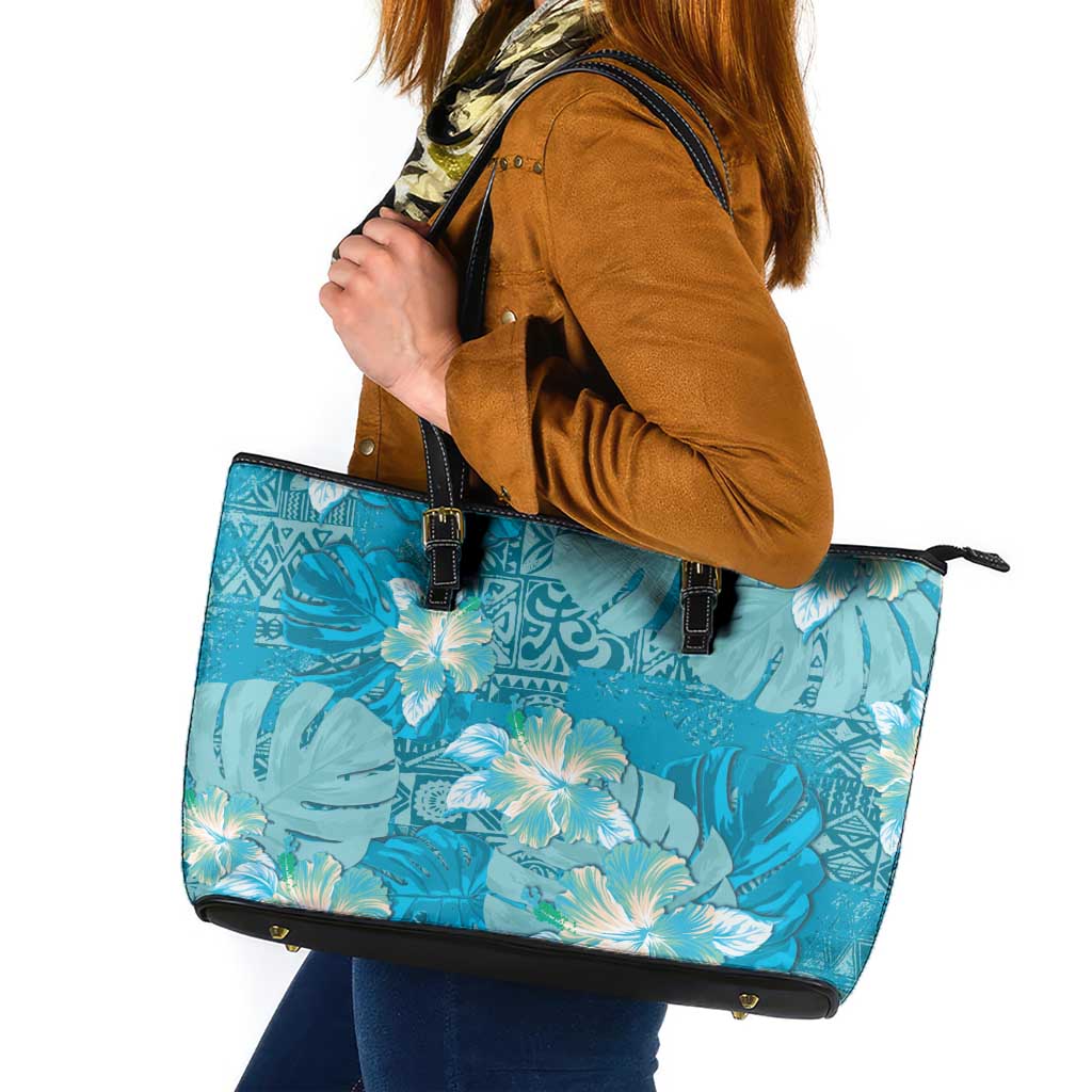 Hawaii Leather Tote Bag Teal Polynesian Monstera Patterns DT05 Teal - Polynesian Pride