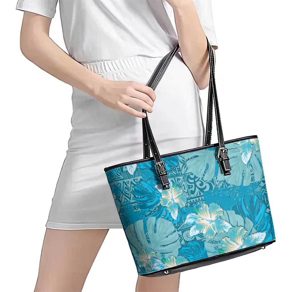 Hawaii Leather Tote Bag Teal Polynesian Monstera Patterns DT05 - Polynesian Pride