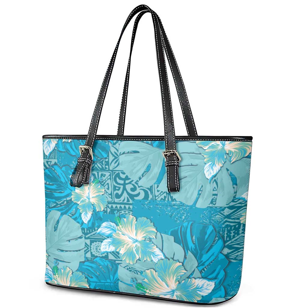 Hawaii Leather Tote Bag Teal Polynesian Monstera Patterns DT05 - Polynesian Pride