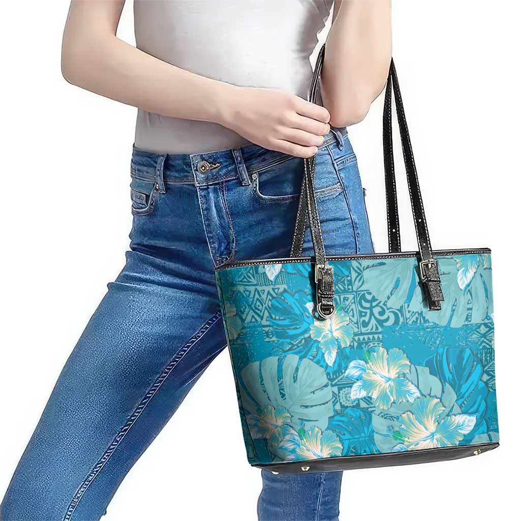 Hawaii Leather Tote Bag Teal Polynesian Monstera Patterns DT05 - Polynesian Pride