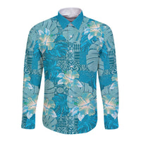 Hawaii Long Sleeve Button Shirt Teal Polynesian Monstera Patterns - Polynesian Pride