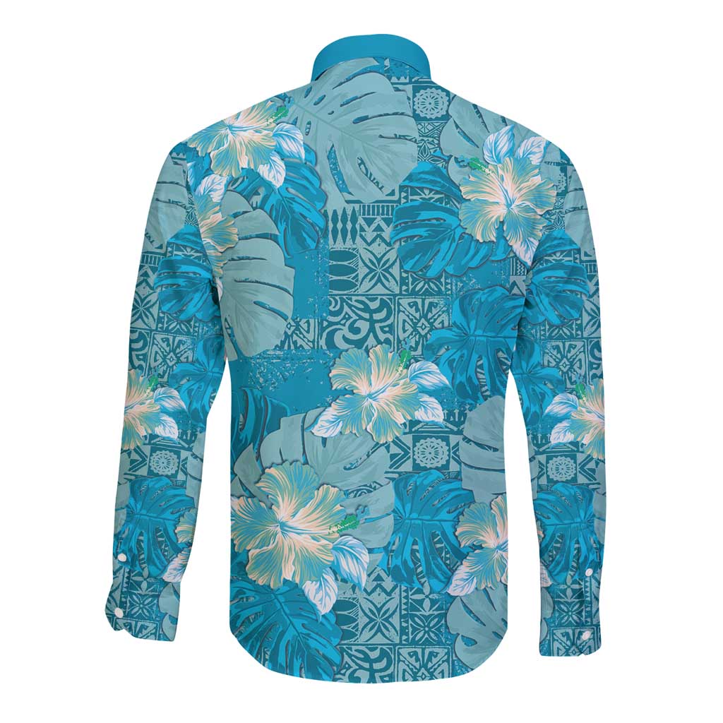 Hawaii Long Sleeve Button Shirt Teal Polynesian Monstera Patterns - Polynesian Pride