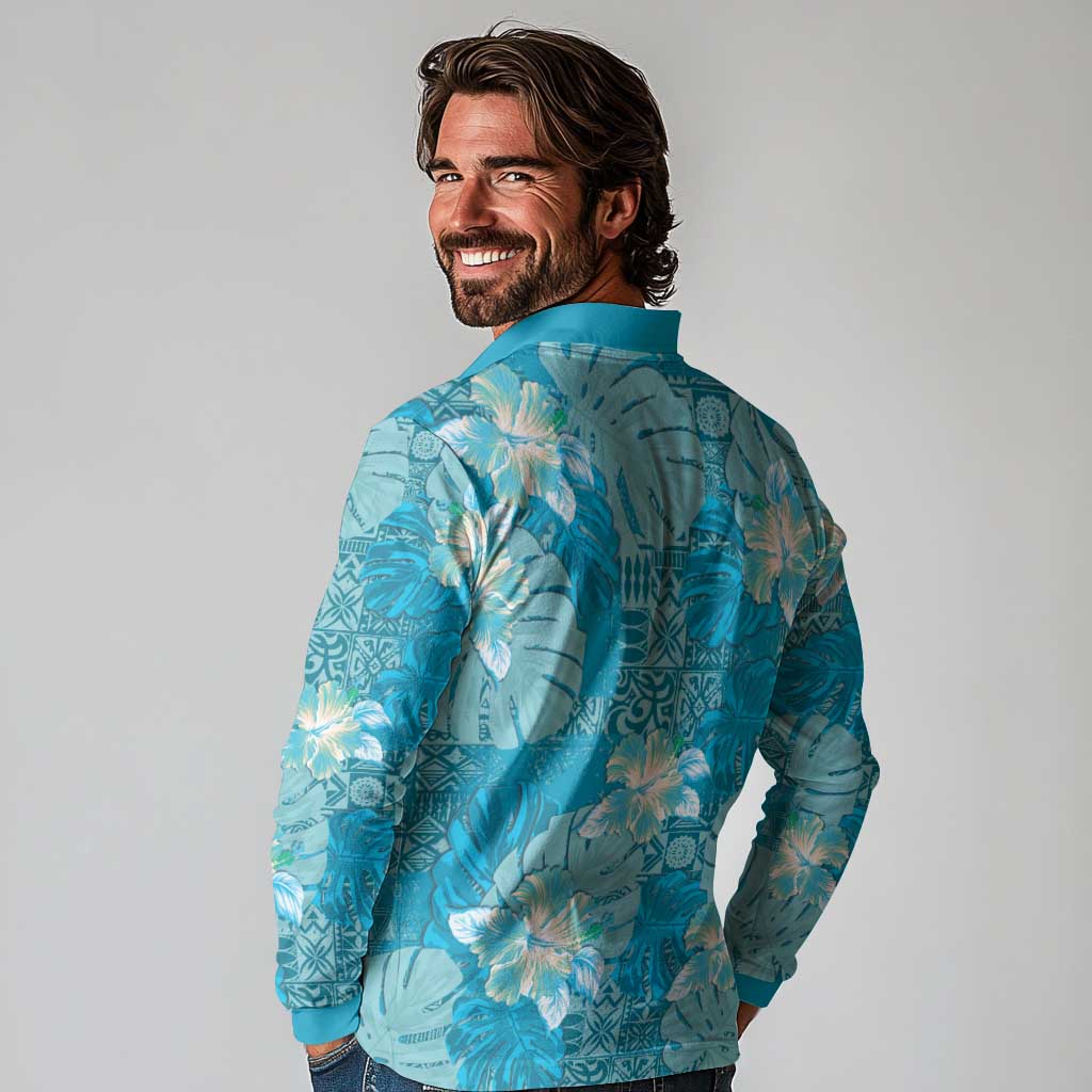Hawaii Long Sleeve Polo Shirt Teal Polynesian Monstera Patterns - Polynesian Pride
