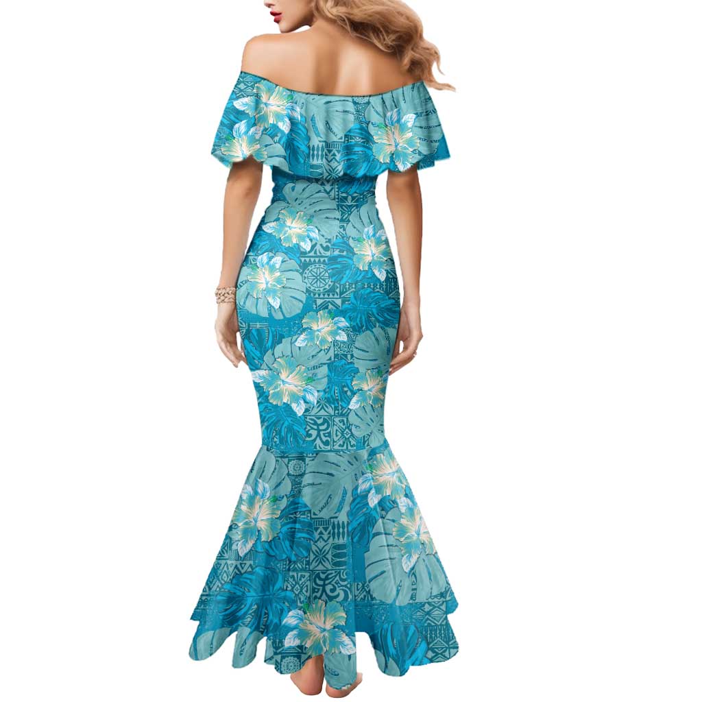Hawaii Mermaid Dress Teal Polynesian Monstera Patterns - Polynesian Pride