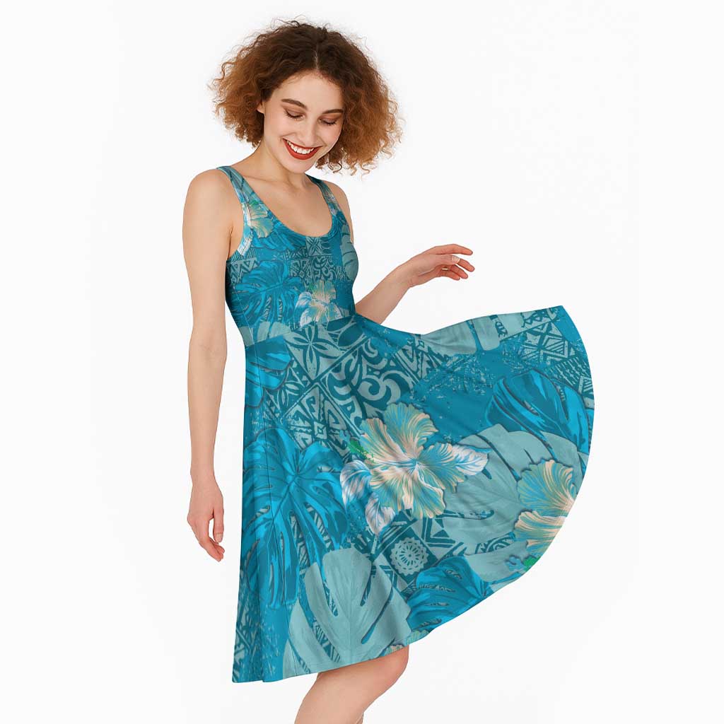 Hawaii Midi Dress Teal Polynesian Monstera Patterns - Polynesian Pride