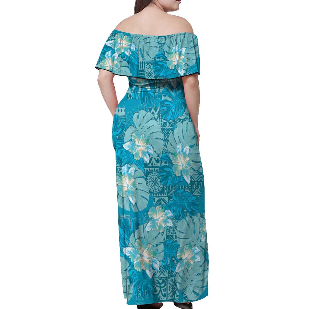 Hawaii Off Shoulder Maxi Dress Teal Polynesian Monstera Patterns - Polynesian Pride