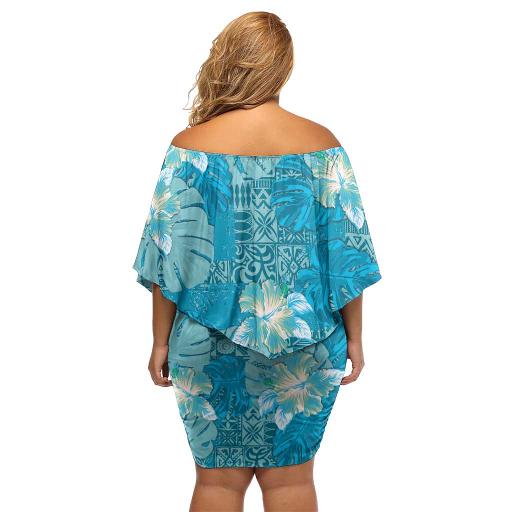 Hawaii Off Shoulder Short Dress Teal Polynesian Monstera Patterns - Polynesian Pride