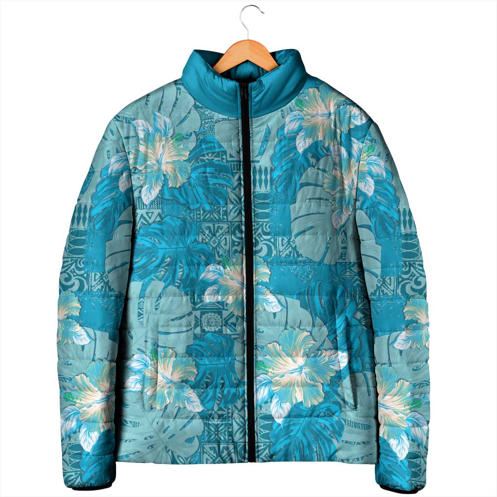 Hawaii Padded Jacket Teal Polynesian Monstera Patterns - Polynesian Pride