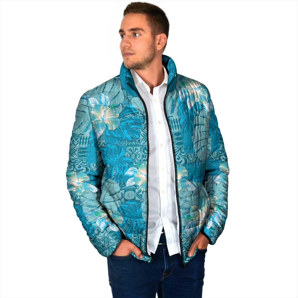 Hawaii Padded Jacket Teal Polynesian Monstera Patterns - Polynesian Pride