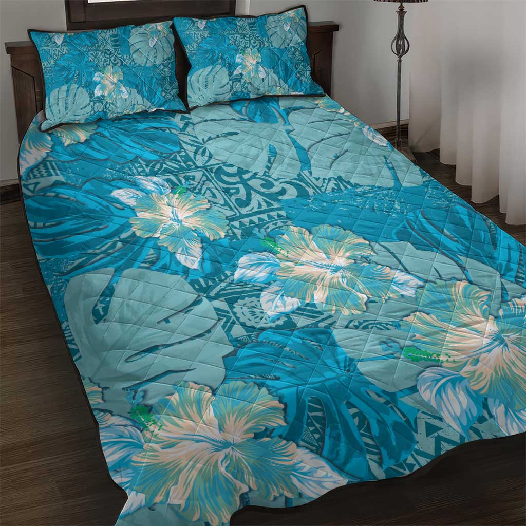 Hawaii Quilt Bed Set Teal Polynesian Monstera Patterns - Polynesian Pride