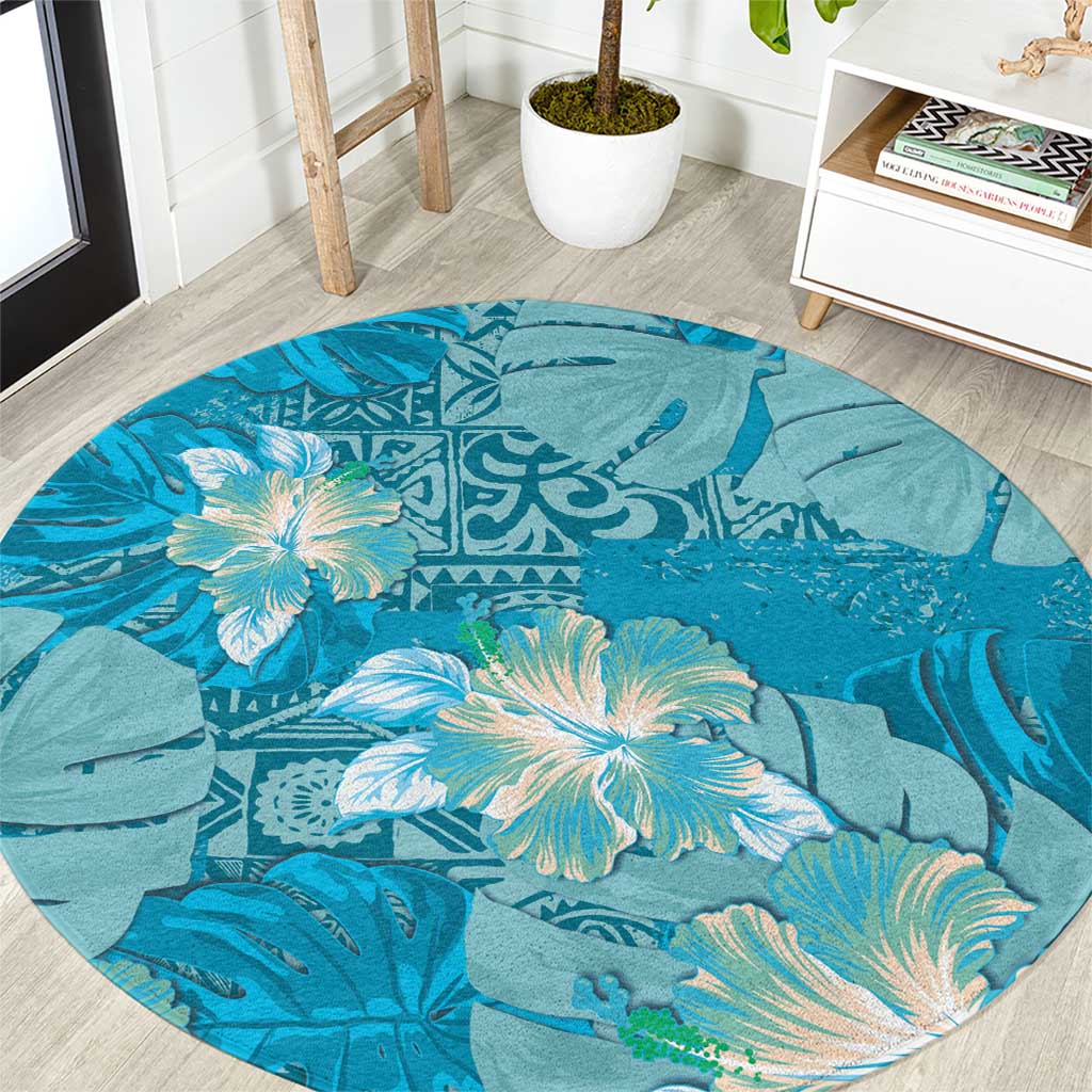 Hawaii Round Carpet Teal Polynesian Monstera Patterns DT05 Teal - Polynesian Pride