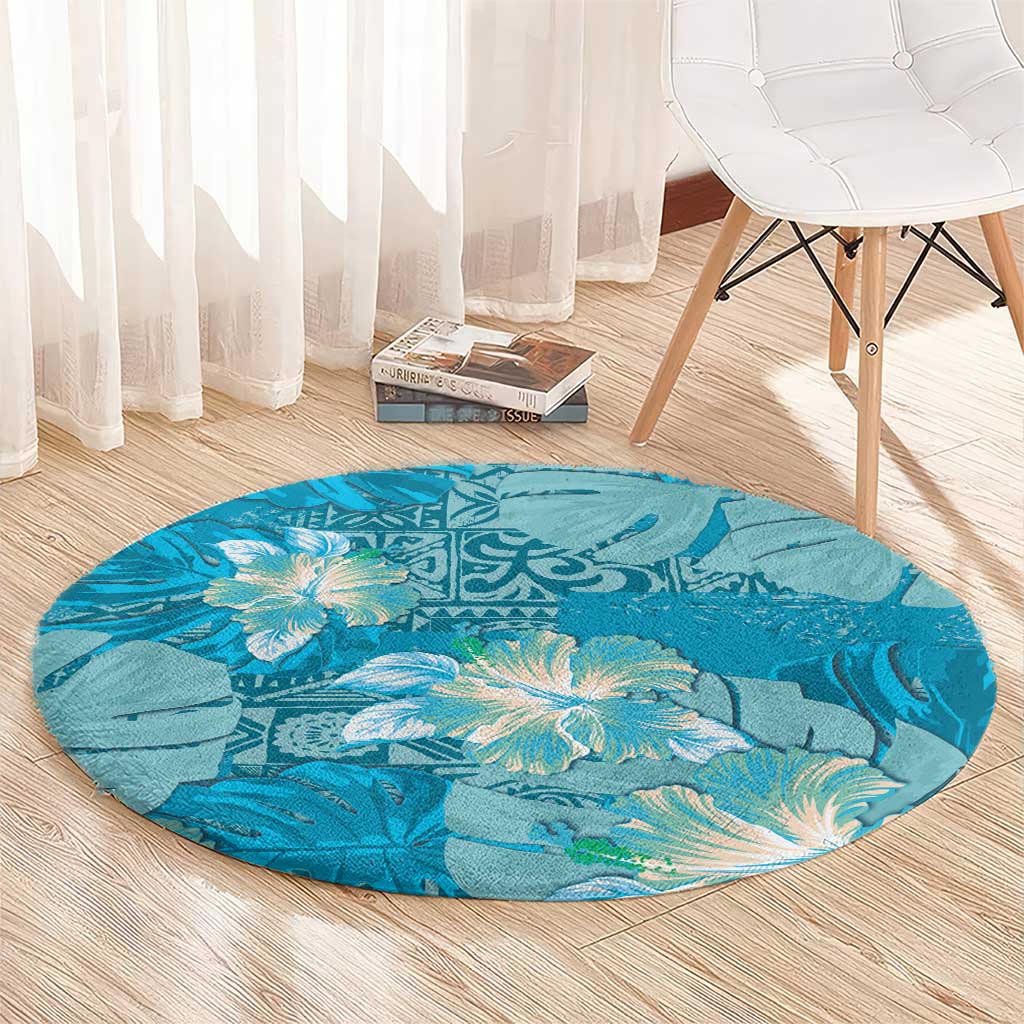 Hawaii Round Carpet Teal Polynesian Monstera Patterns - Polynesian Pride