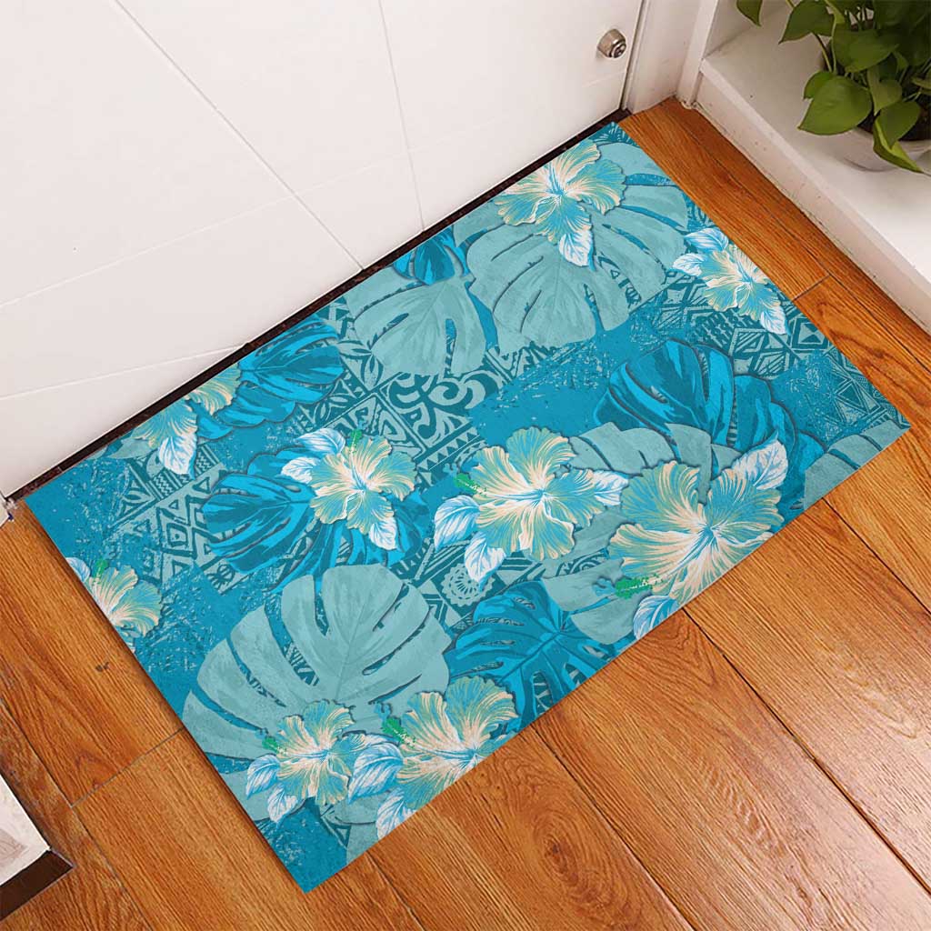 Hawaii Rubber Doormat Teal Polynesian Monstera Patterns - Polynesian Pride