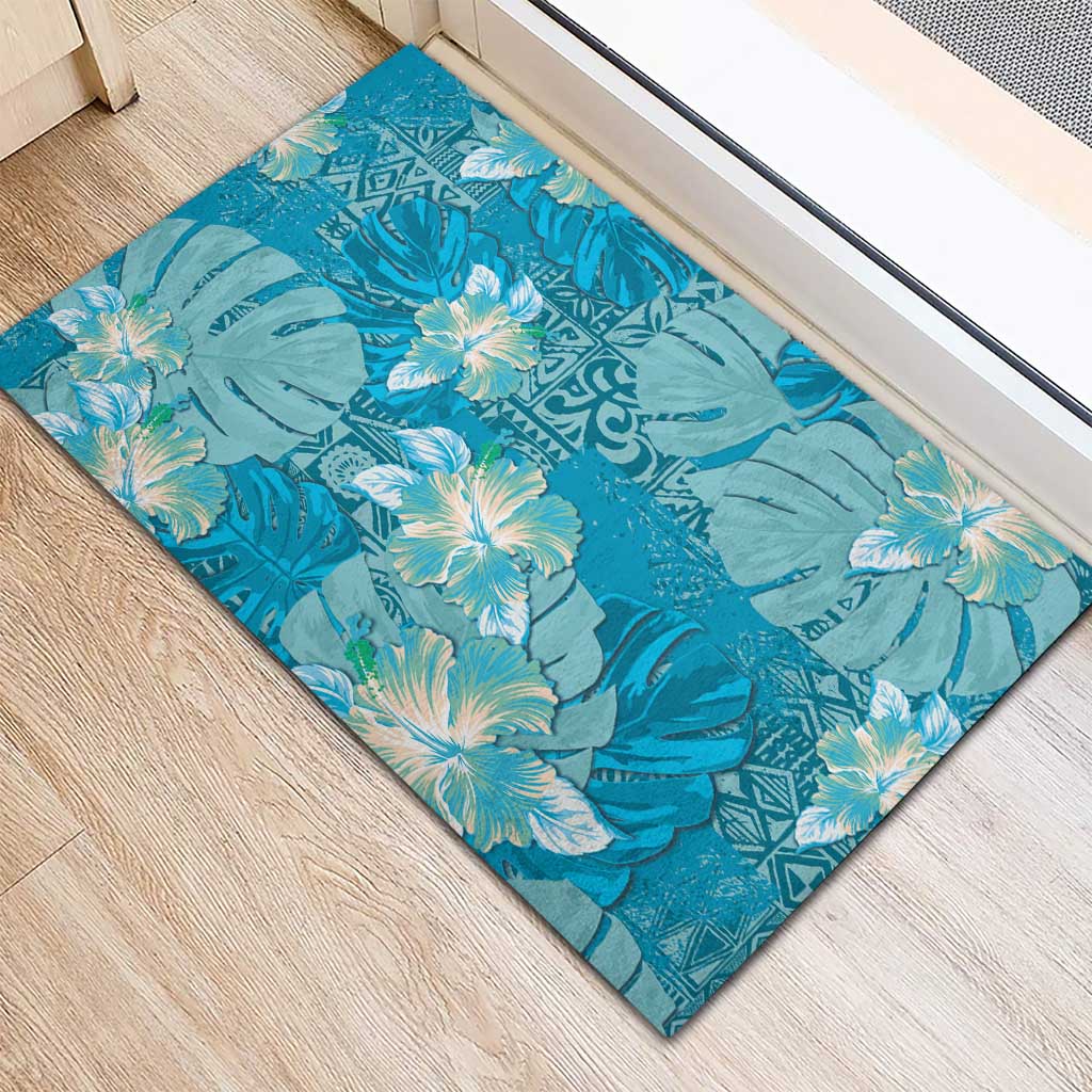 Hawaii Rubber Doormat Teal Polynesian Monstera Patterns - Polynesian Pride