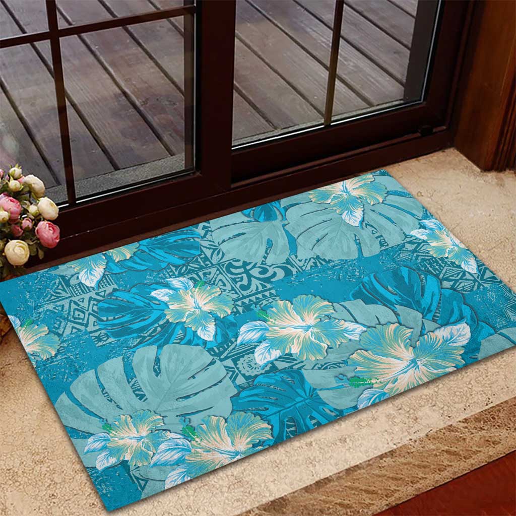 Hawaii Rubber Doormat Teal Polynesian Monstera Patterns - Polynesian Pride