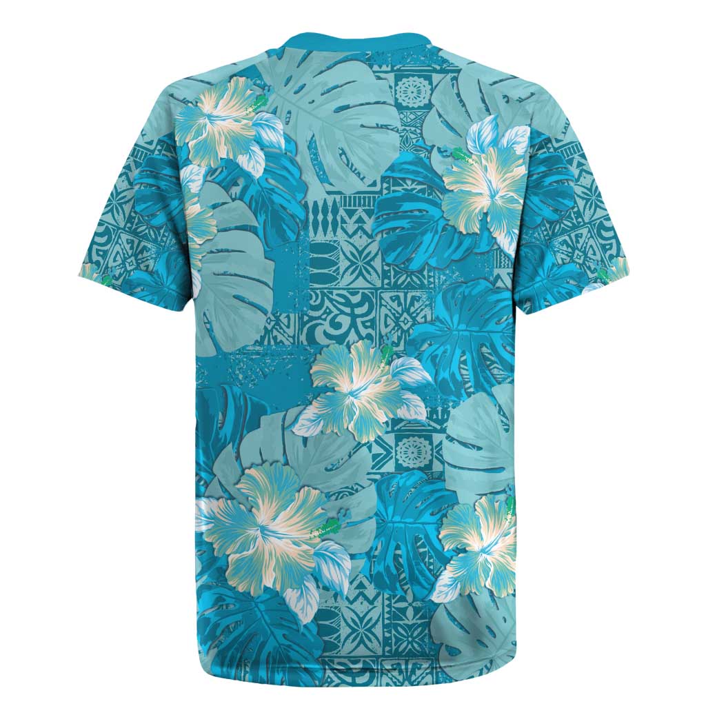 Hawaii Rugby Jersey Teal Polynesian Monstera Patterns - Polynesian Pride