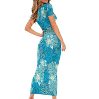 Hawaii Short Sleeve Bodycon Dress Teal Polynesian Monstera Patterns - Polynesian Pride