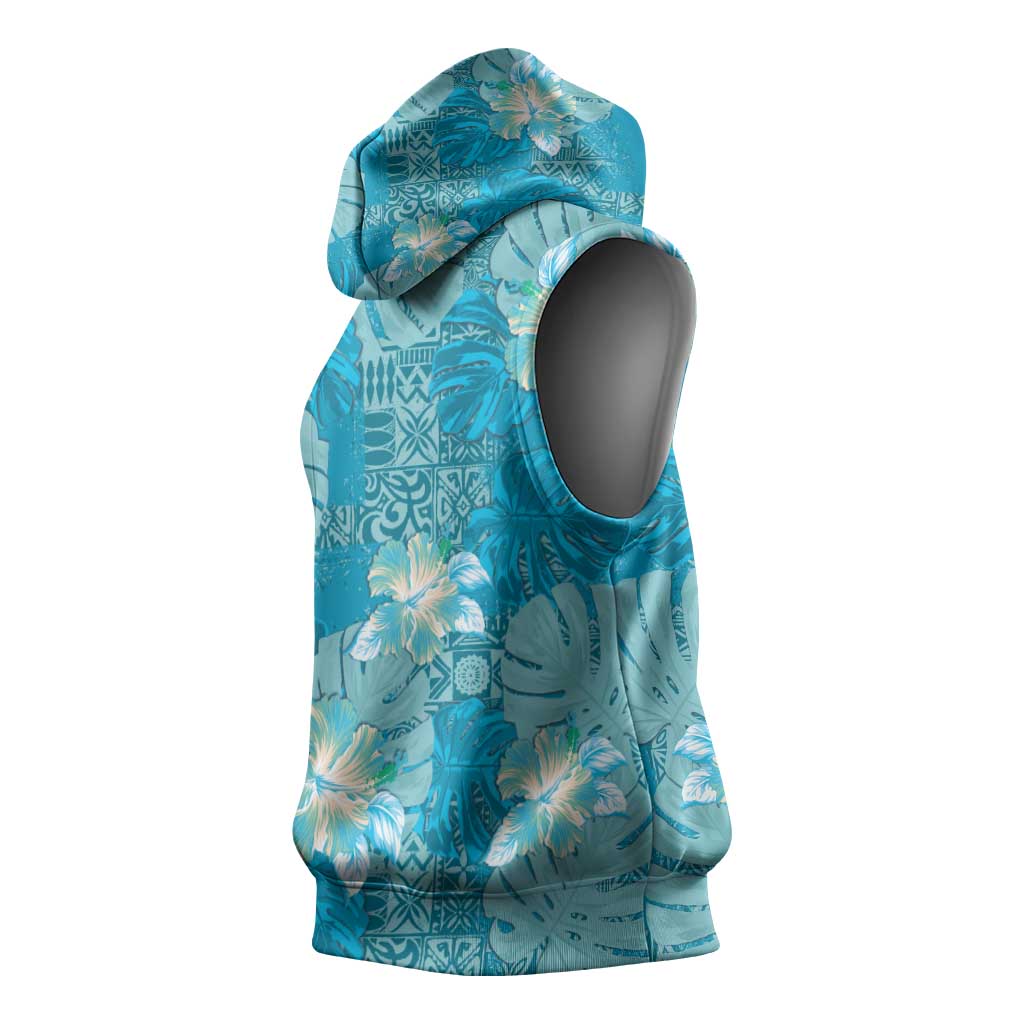 Hawaii Sleeveless Hoodie Teal Polynesian Monstera Patterns - Polynesian Pride