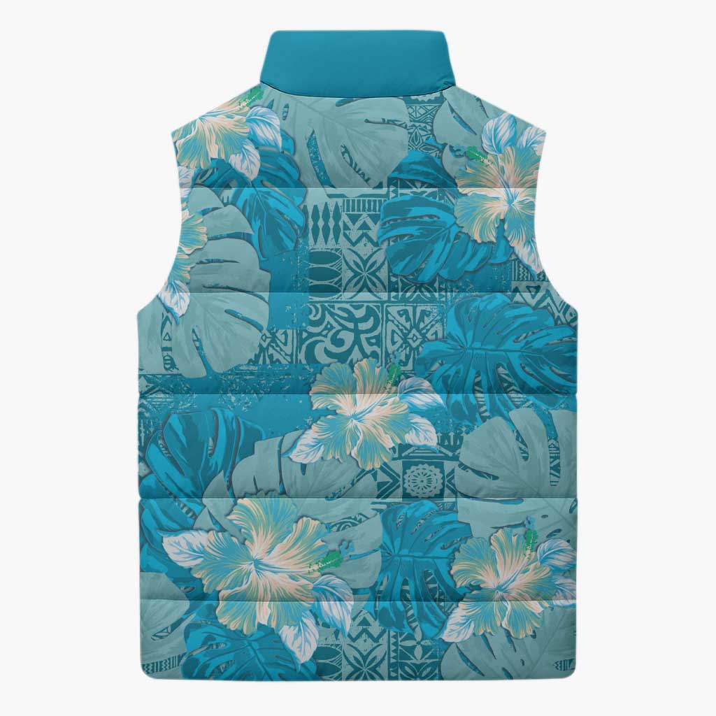 Hawaii Sleeveless Puffer Jacket Teal Polynesian Monstera Patterns - Polynesian Pride