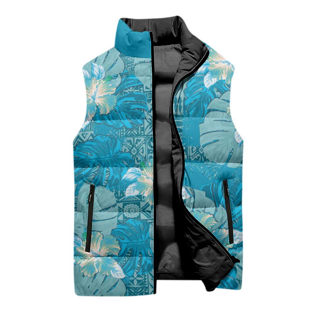Hawaii Sleeveless Puffer Jacket Teal Polynesian Monstera Patterns - Polynesian Pride