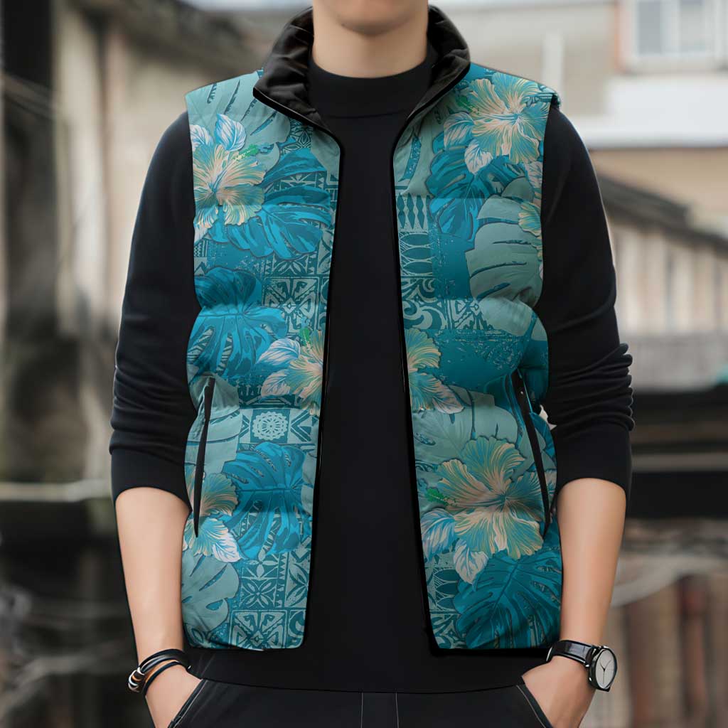 Hawaii Sleeveless Puffer Jacket Teal Polynesian Monstera Patterns - Polynesian Pride