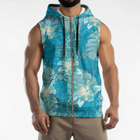 Hawaii Sleeveless Zip Hoodie Teal Polynesian Monstera Patterns - Polynesian Pride