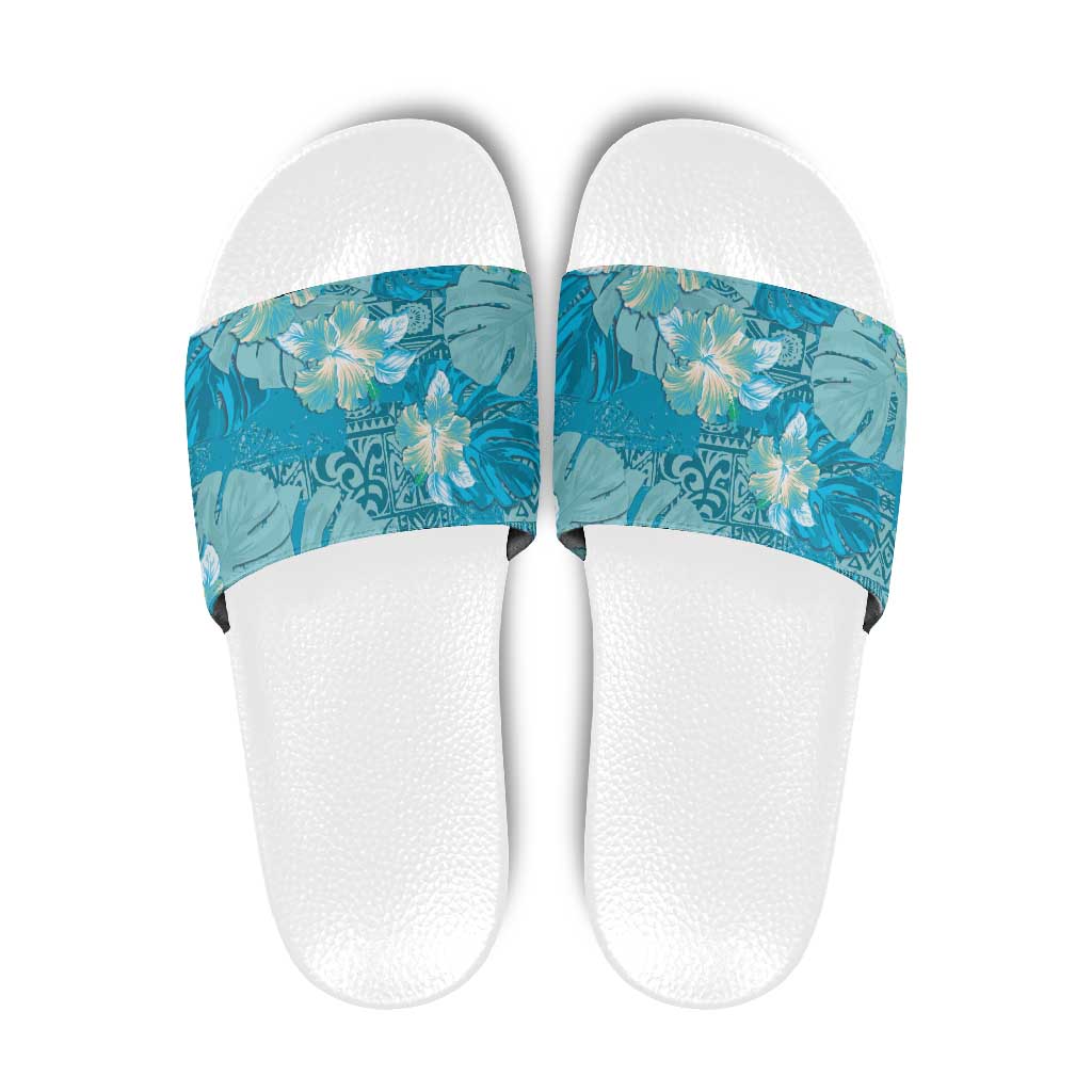 Hawaii Slide Sandals Teal Polynesian Monstera Patterns - Polynesian Pride
