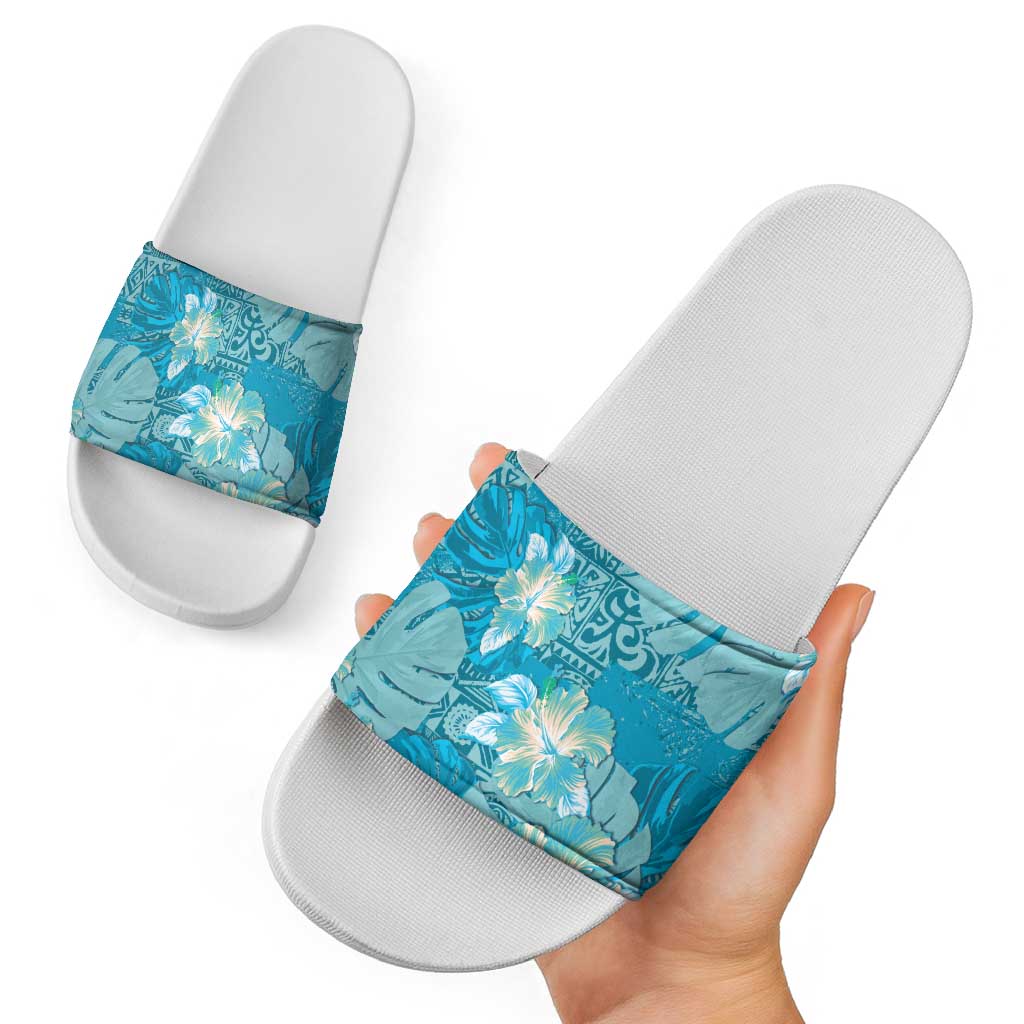 Hawaii Slide Sandals Teal Polynesian Monstera Patterns - Polynesian Pride
