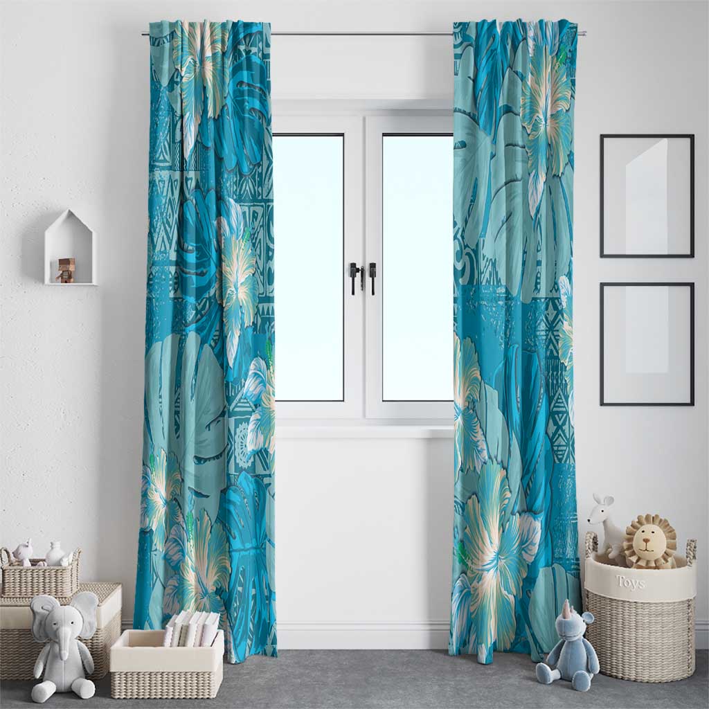 Hawaii Window Curtain Teal Polynesian Monstera Patterns - Polynesian Pride