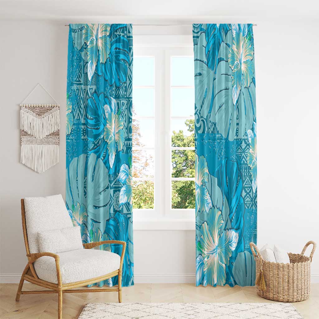 Hawaii Window Curtain Teal Polynesian Monstera Patterns - Polynesian Pride