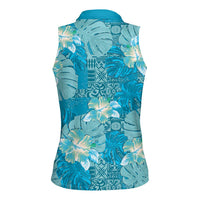 Hawaii Women Sleeveless Polo Shirt Teal Polynesian Monstera Patterns - Polynesian Pride