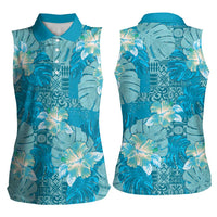 Hawaii Women Sleeveless Polo Shirt Teal Polynesian Monstera Patterns - Polynesian Pride