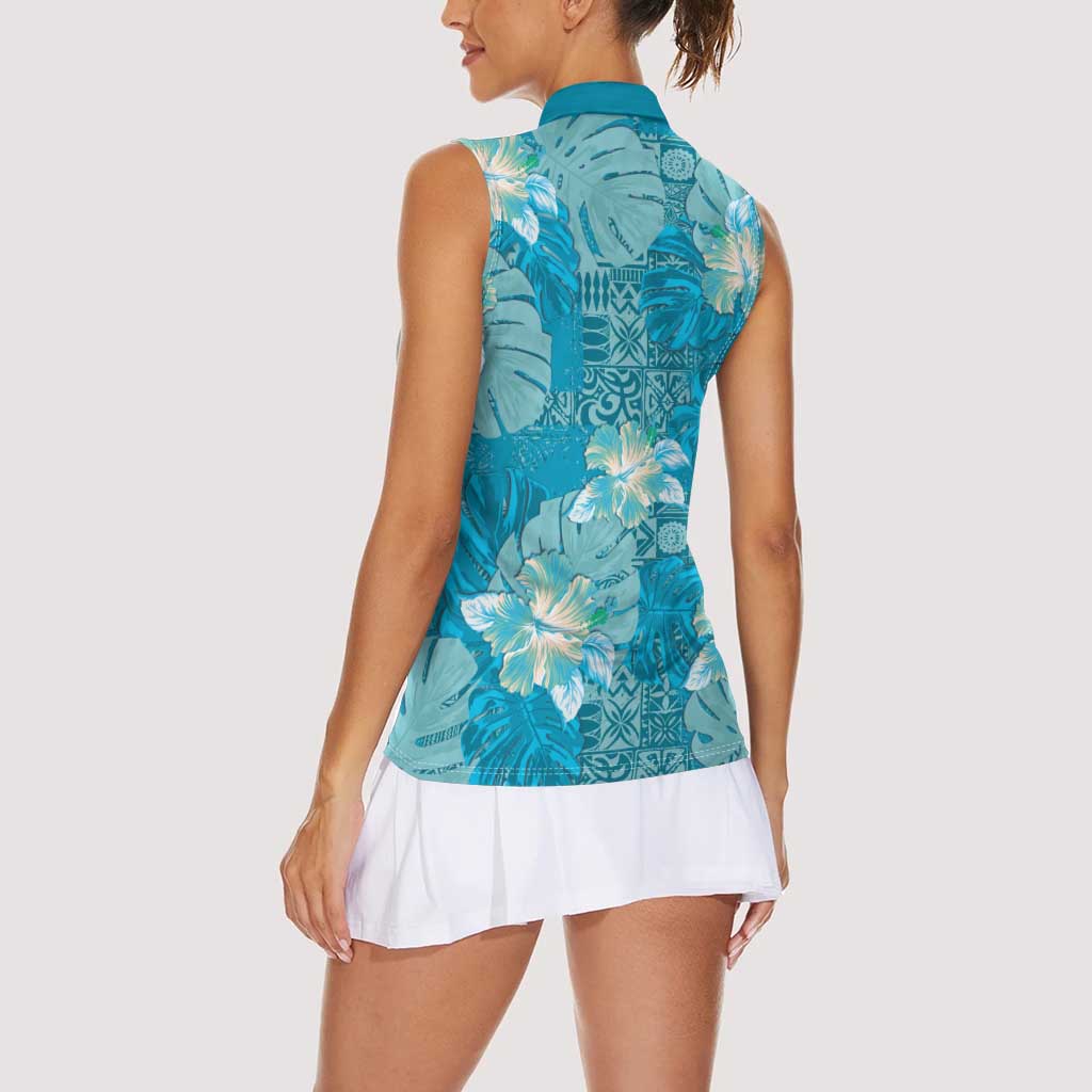 Hawaii Women Sleeveless Polo Shirt Teal Polynesian Monstera Patterns - Polynesian Pride